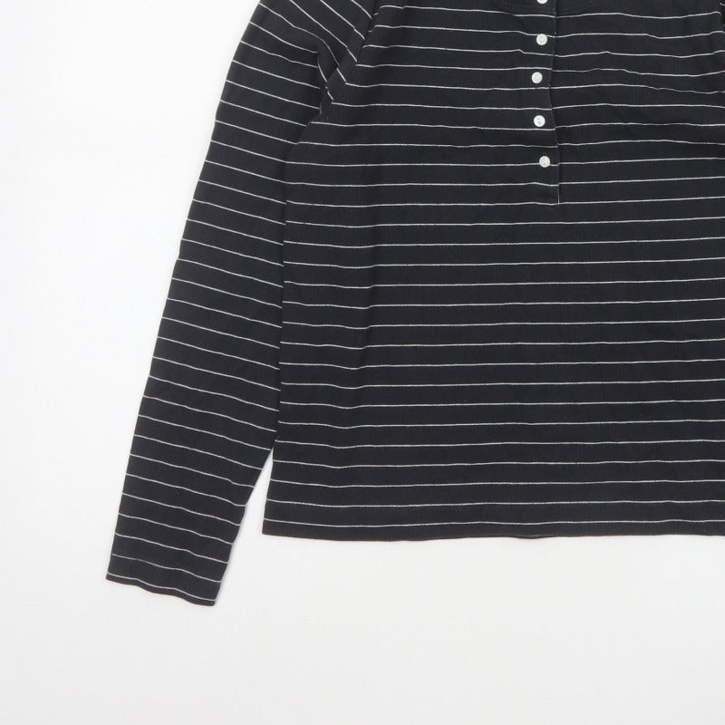 Marks and Spencer Women's Black UK 16 Striped Henley Long Sleeve Jersey Top