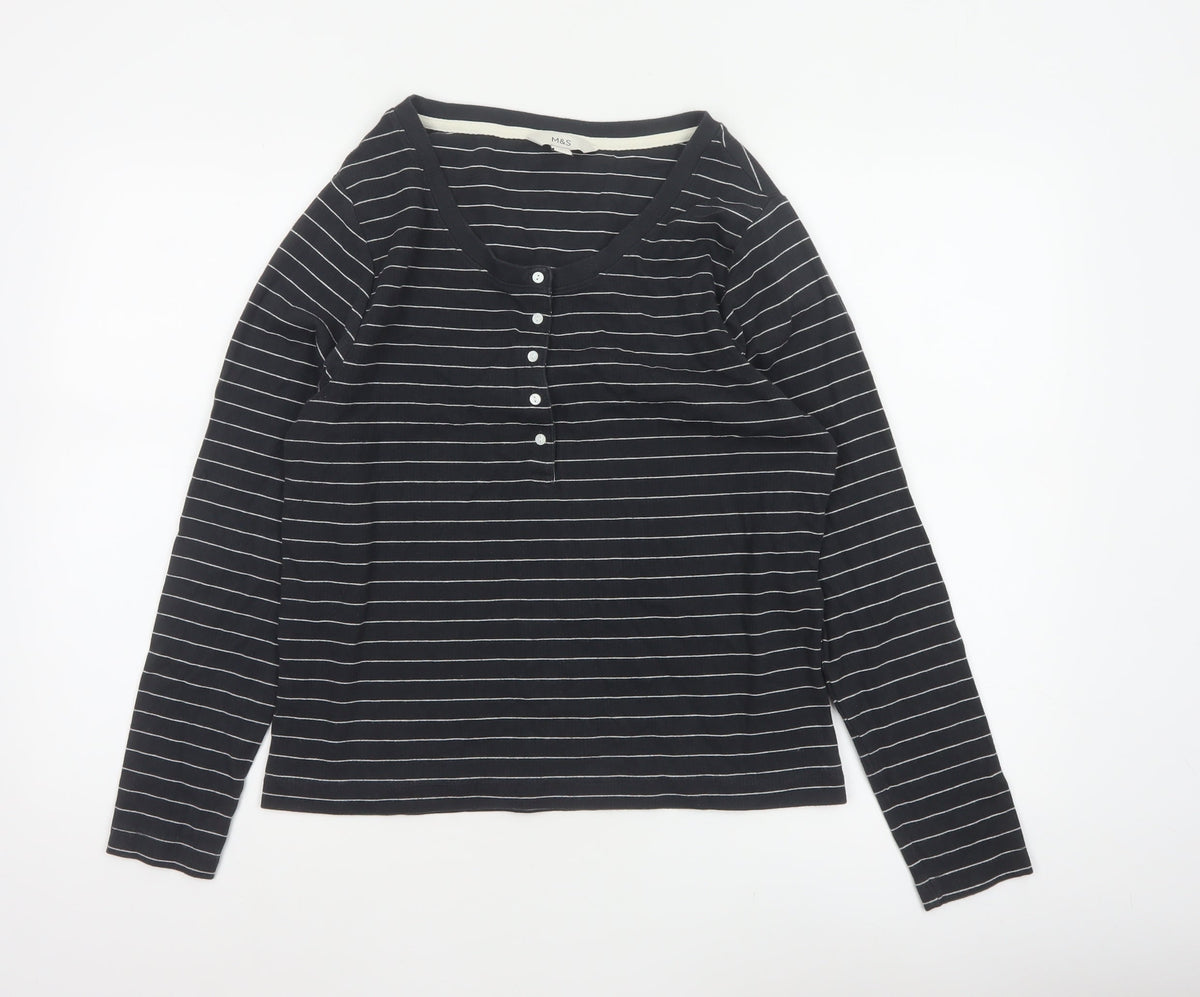 Marks and Spencer Women's Black UK 16 Striped Henley Long Sleeve Jersey Top