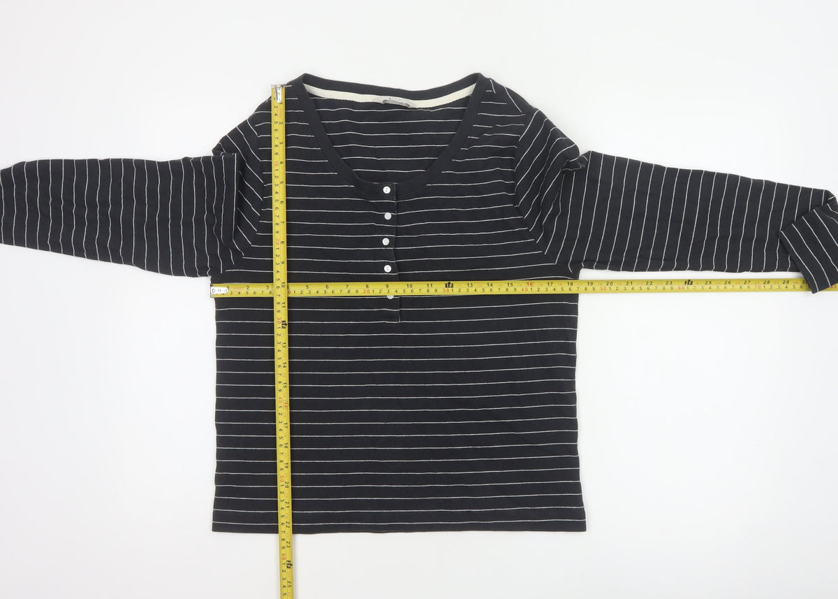 Marks and Spencer Women's Black UK 16 Striped Henley Long Sleeve Jersey Top