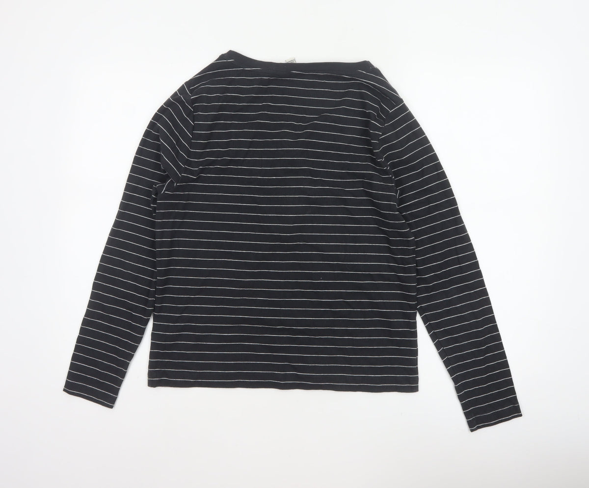 Marks and Spencer Women's Black UK 16 Striped Henley Long Sleeve Jersey Top