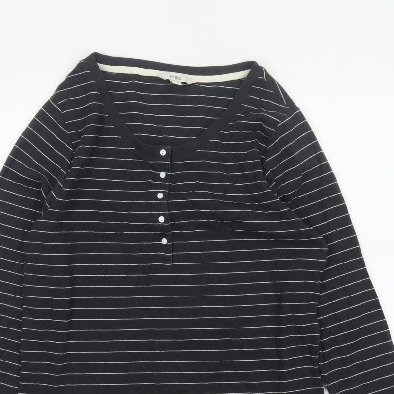 Marks and Spencer Women's Black UK 16 Striped Henley Long Sleeve Jersey Top