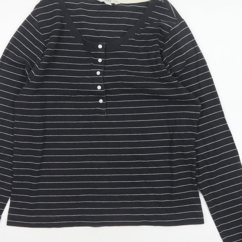 Marks and Spencer Women's Black UK 16 Striped Henley Long Sleeve Jersey Top