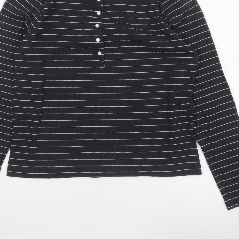 Marks and Spencer Women's Black UK 16 Striped Henley Long Sleeve Jersey Top