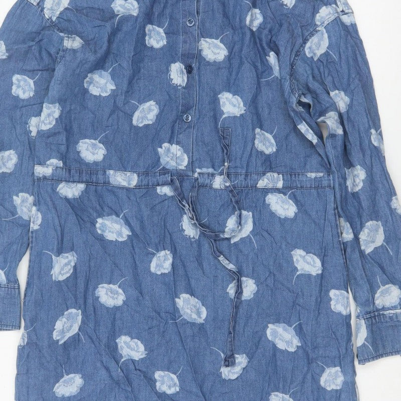 Cath Kidston Women Blue Floral Chambray Shirt Dress UK 10 Belted