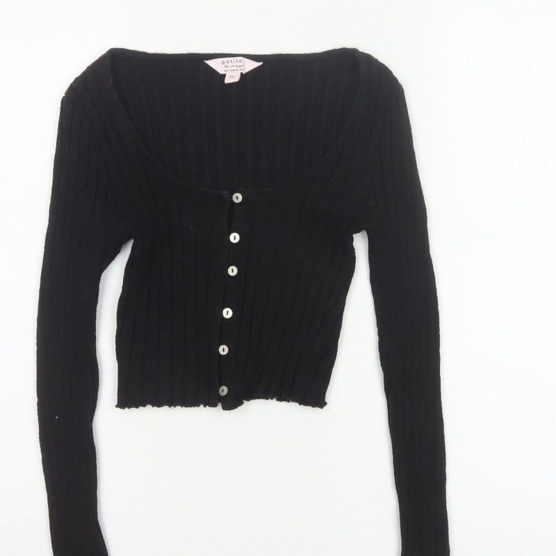 Miss Selfridge Women Black UK 8 Petite Cropped Rib Knit Button-Up Top