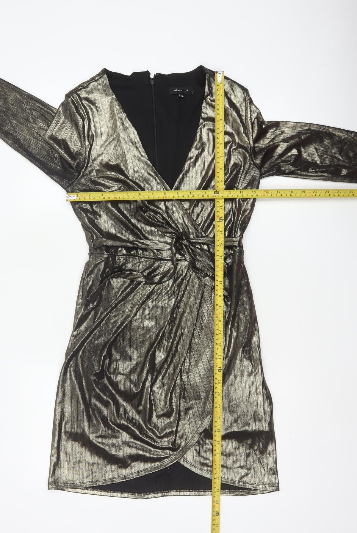 New Look Women Gold Metallic Wrap Dress UK 10 Long Sleeve Party