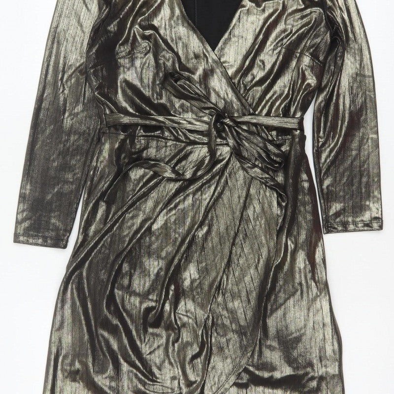 New Look Women Gold Metallic Wrap Dress UK 10 Long Sleeve Party