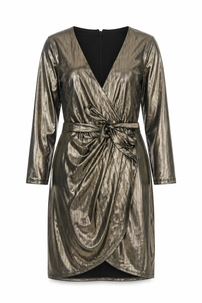 New Look Women Gold Metallic Wrap Dress UK 10 Long Sleeve Party