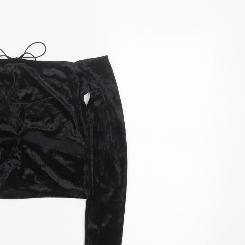 Monki Women Black UK 14 Cropped Off Shoulder Velvet Tie Top