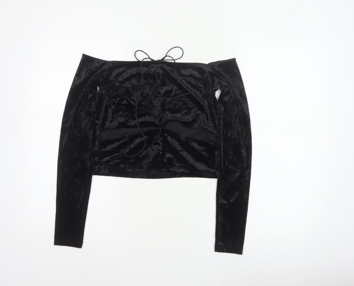 Monki Women Black UK 14 Cropped Off Shoulder Velvet Tie Top