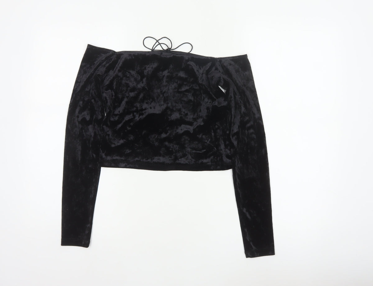 Monki Women Black UK 14 Cropped Off Shoulder Velvet Tie Top