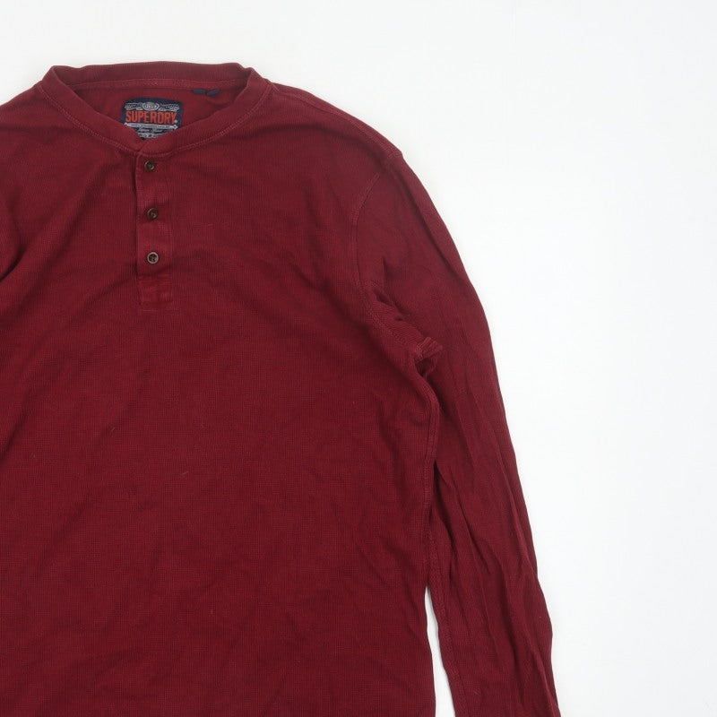 Superdry Men’s Red XL Long Sleeve Cotton Henley Button Top