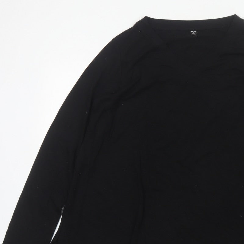 UNIQLO Women Black M Basic V-Neck Long Sleeve Lyocell Blouse
