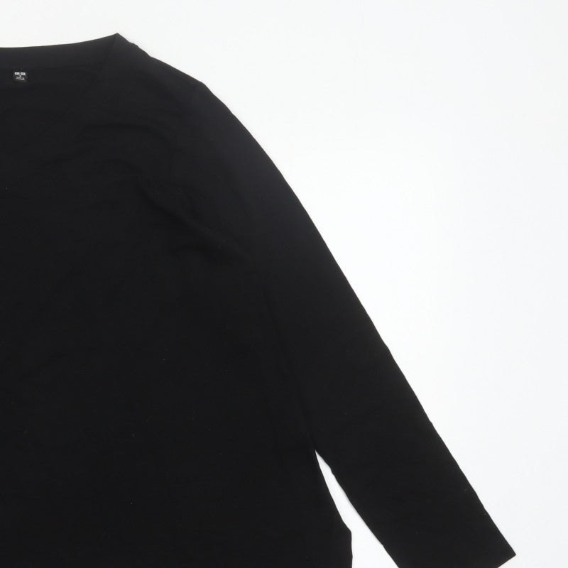 UNIQLO Women Black M Basic V-Neck Long Sleeve Lyocell Blouse