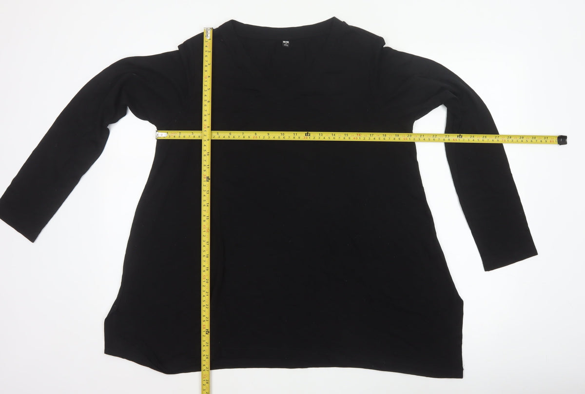 UNIQLO Women Black M Basic V-Neck Long Sleeve Lyocell Blouse