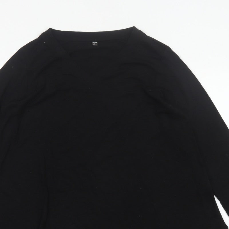 UNIQLO Women Black M Basic V-Neck Long Sleeve Lyocell Blouse