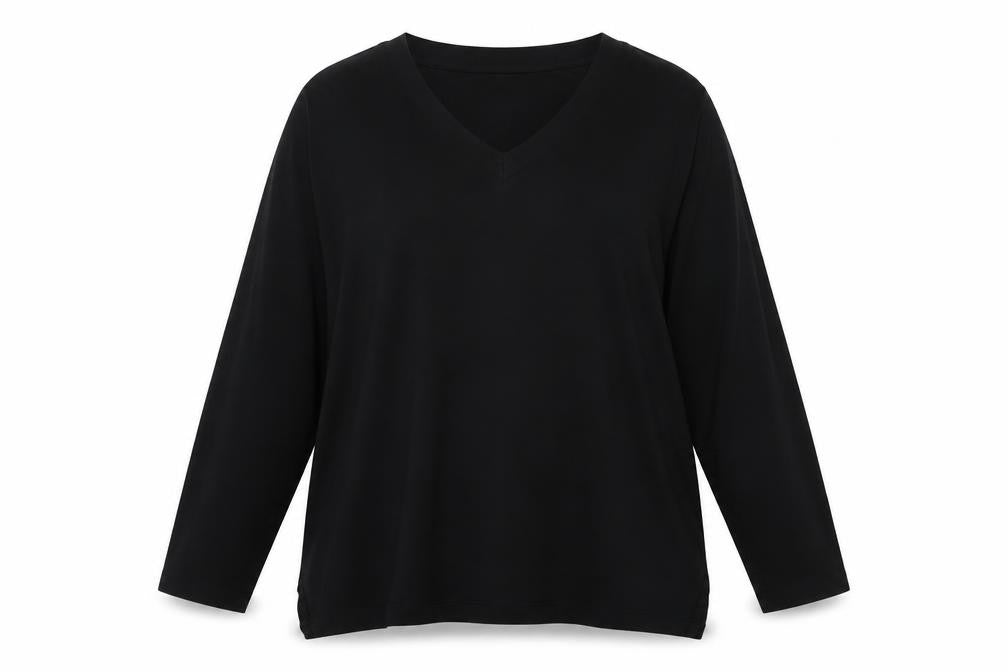UNIQLO Women Black M Basic V-Neck Long Sleeve Lyocell Blouse