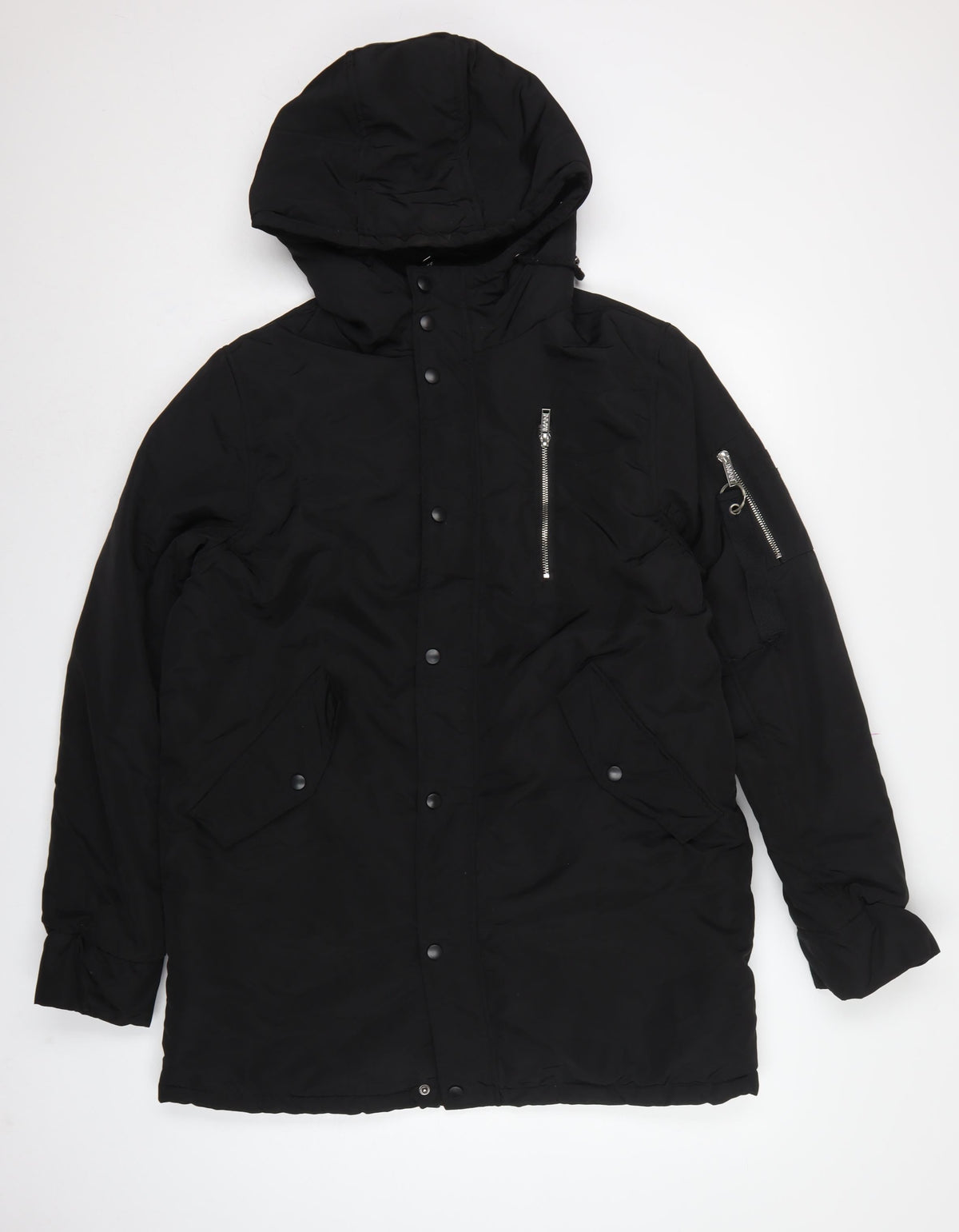 boohooMAN Men's Black M Hooded Padded Parka Coat Faux Fur Lined