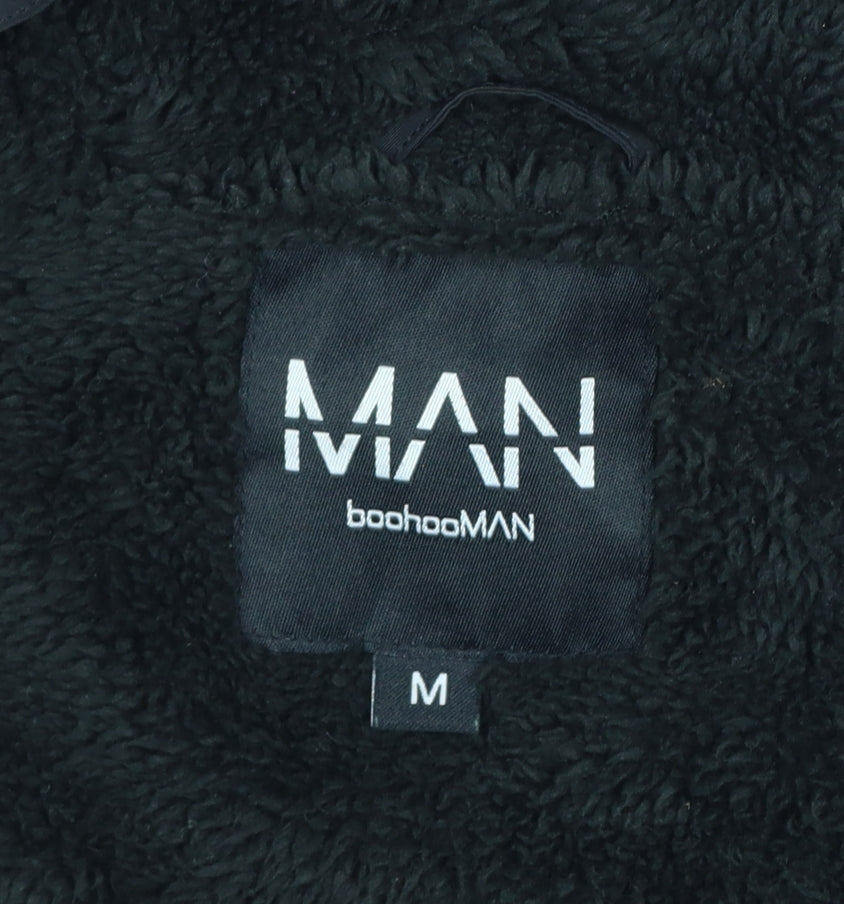boohooMAN Men's Black M Hooded Padded Parka Coat Faux Fur Lined