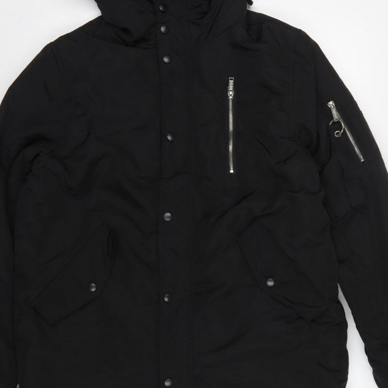 boohooMAN Men's Black M Hooded Padded Parka Coat Faux Fur Lined