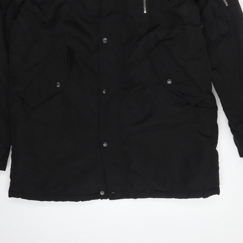 boohooMAN Men's Black M Hooded Padded Parka Coat Faux Fur Lined