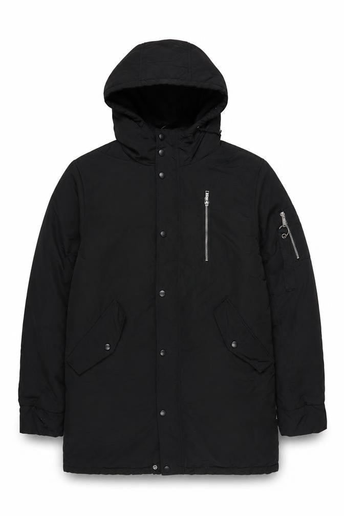 boohooMAN Men's Black M Hooded Padded Parka Coat Faux Fur Lined