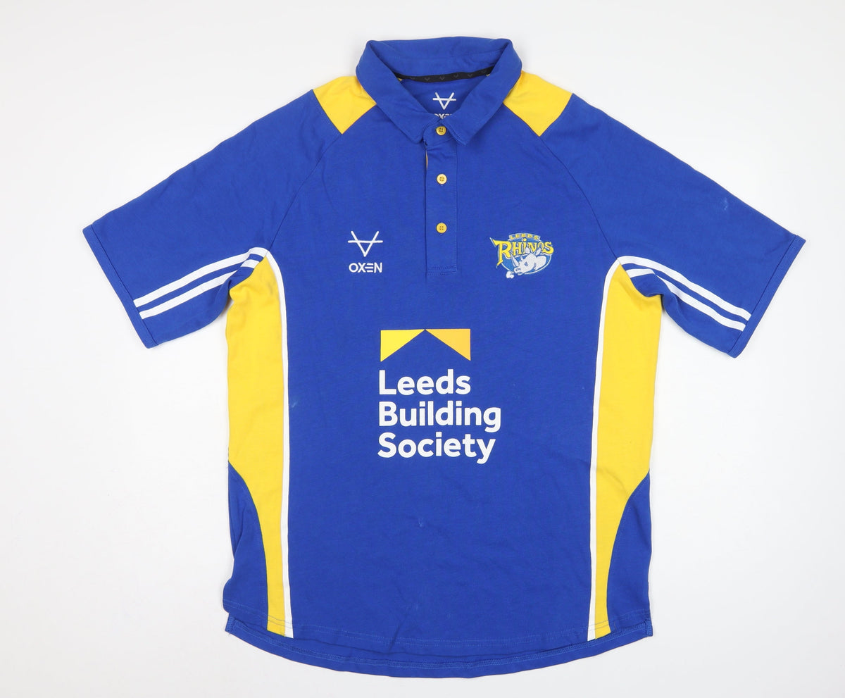 Back view of Oxen Men’s Blue XL Leeds Rhinos Rugby Polo Jersey Shirt