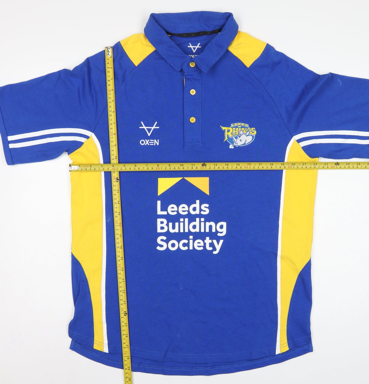 Close-up detail of Oxen Men’s Blue XL Leeds Rhinos Rugby Polo Jersey Shirt