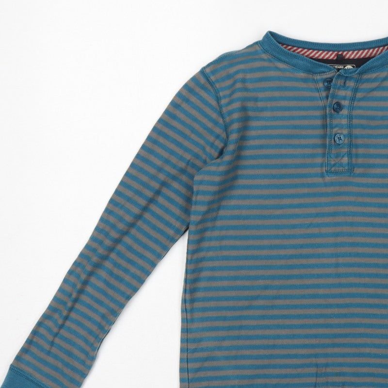 Fat Face Boys Blue Grey Striped 10-11 Years Long Sleeve Henley T-Shirt