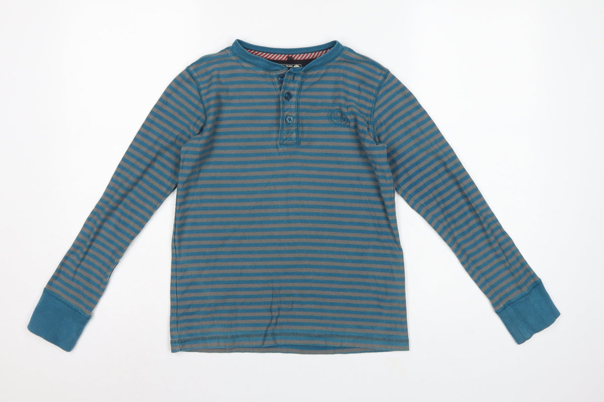 Fat Face Boys Blue Grey Striped 10-11 Years Long Sleeve Henley T-Shirt