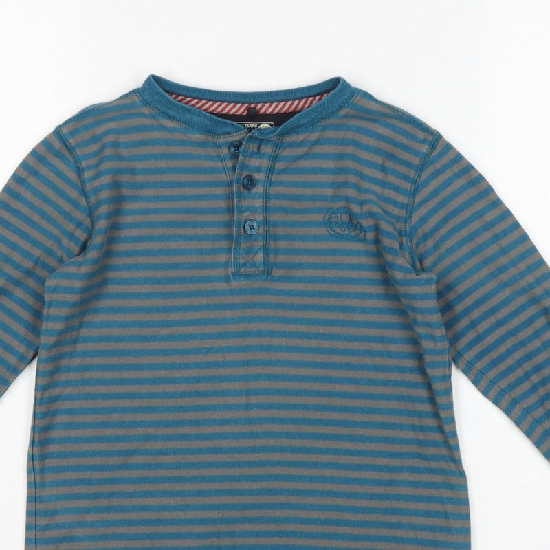 Fat Face Boys Blue Grey Striped 10-11 Years Long Sleeve Henley T-Shirt