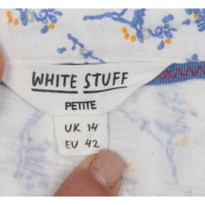 White Stuff Women White Floral Cotton Button-Up Shirt UK 14 Petite