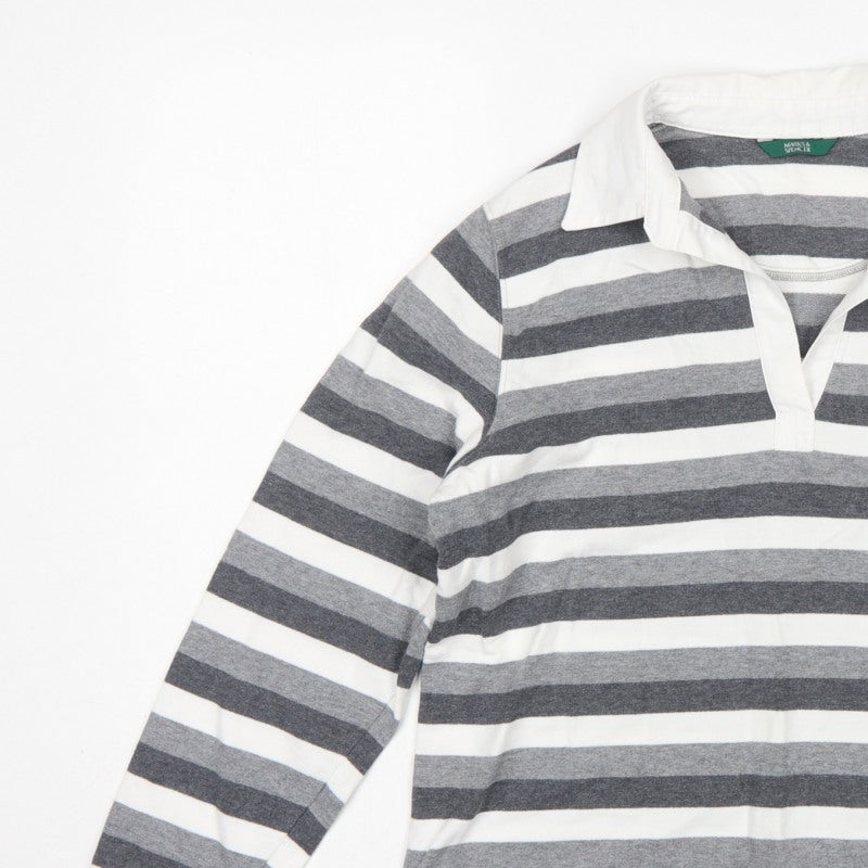 Marks & Spencer Women Grey Stripe Cotton Long Sleeve Polo Top UK 14