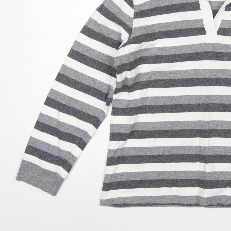 Marks & Spencer Women Grey Stripe Cotton Long Sleeve Polo Top UK 14