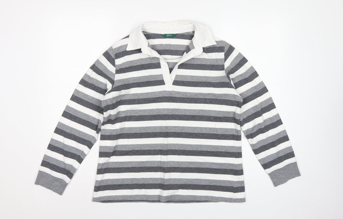 Marks & Spencer Women Grey Stripe Cotton Long Sleeve Polo Top UK 14