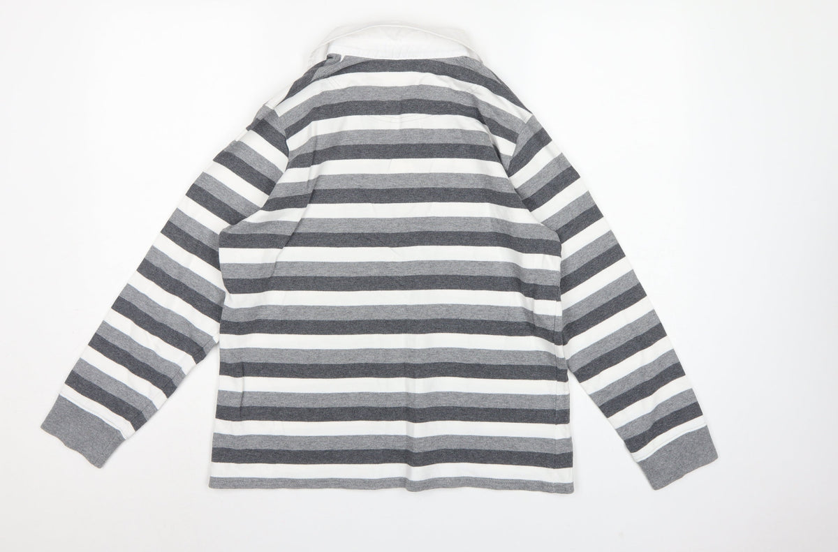 Marks & Spencer Women Grey Stripe Cotton Long Sleeve Polo Top UK 14