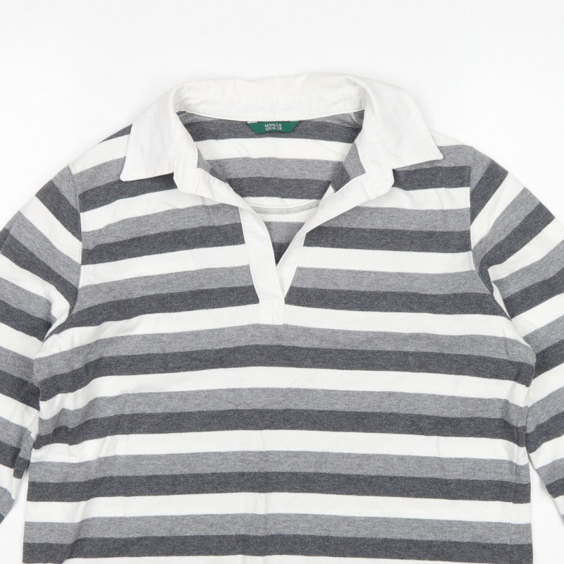 Marks & Spencer Women Grey Stripe Cotton Long Sleeve Polo Top UK 14