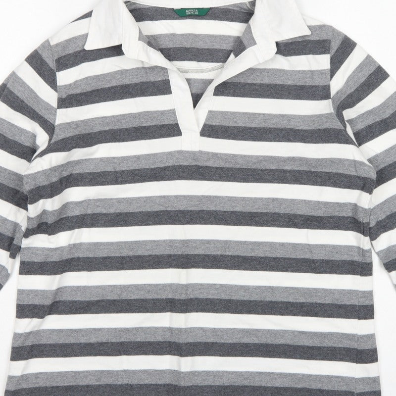 Marks & Spencer Women Grey Stripe Cotton Long Sleeve Polo Top UK 14