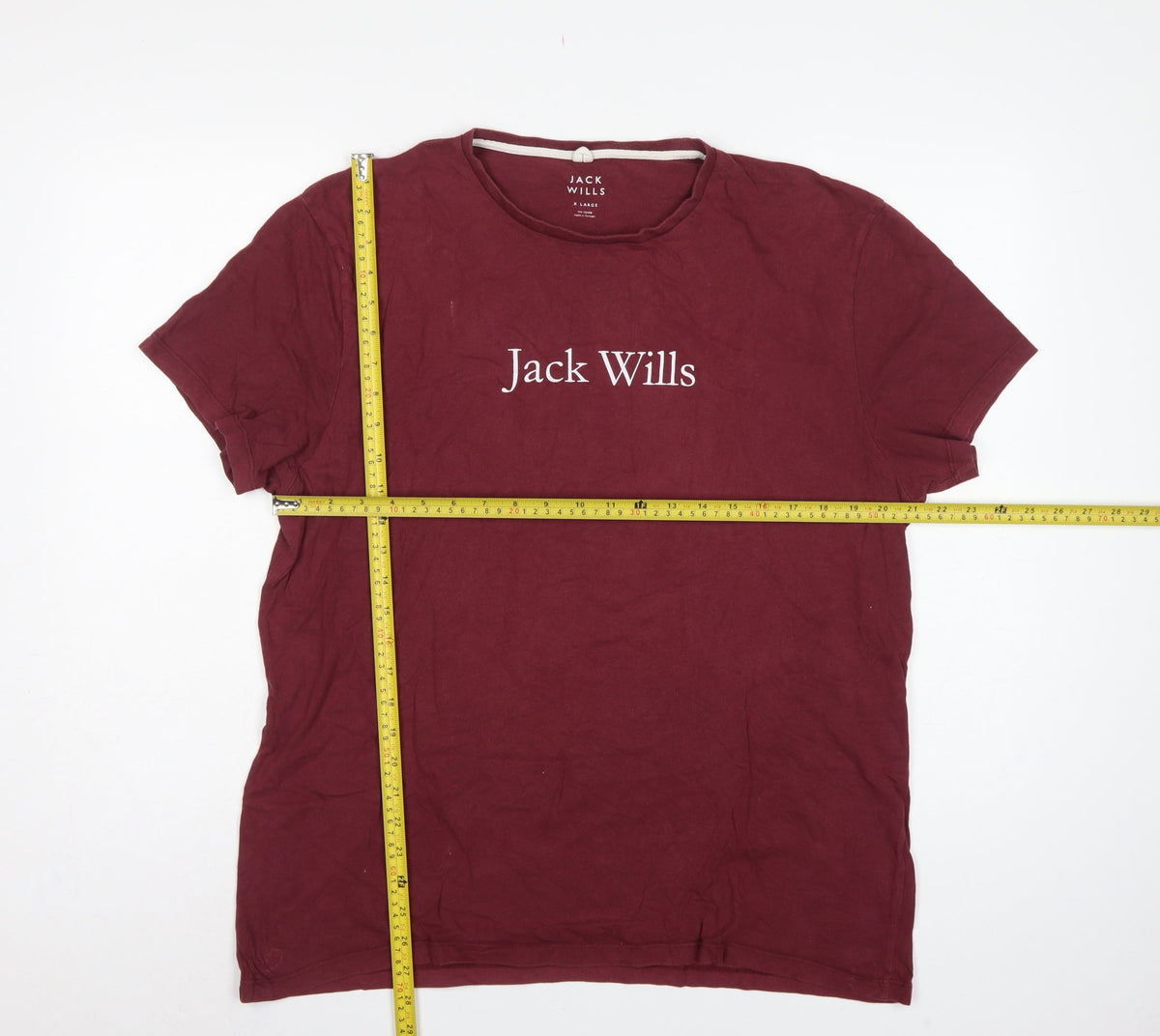 Close-up detail of Jack Wills Men’s Burgundy XL Logo Graphic Crew Neck T-Shirt