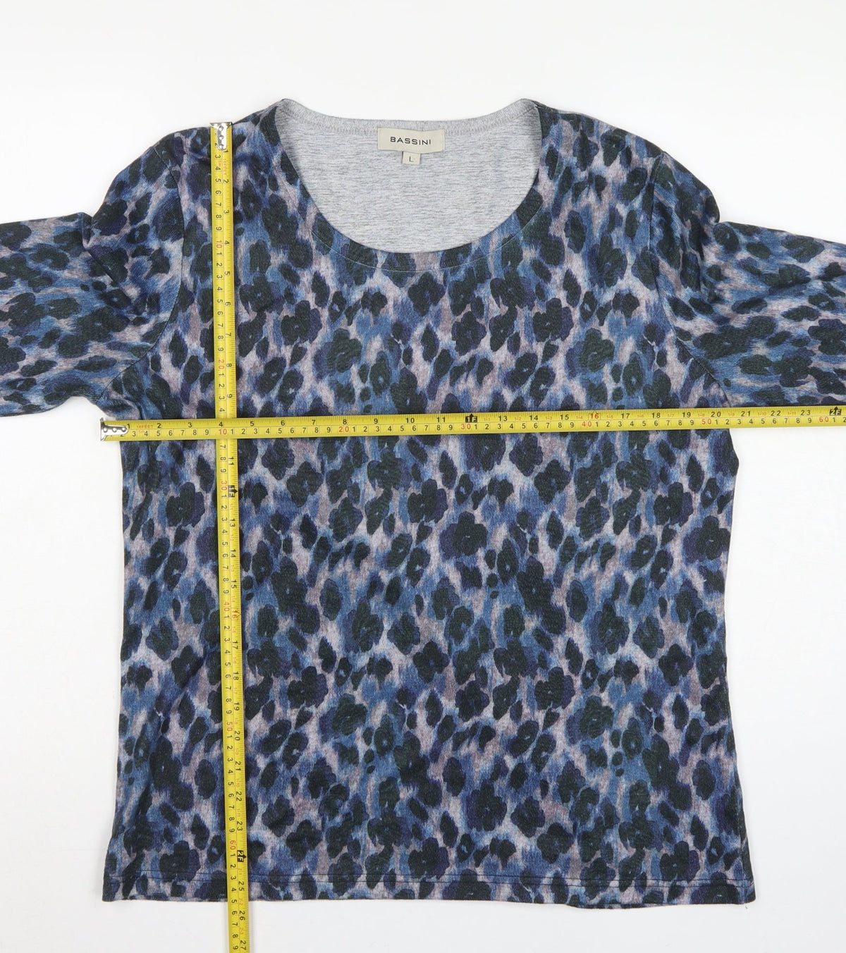 Bassini Women’s Blue Animal Print Long Sleeve Jersey T-Shirt Size L