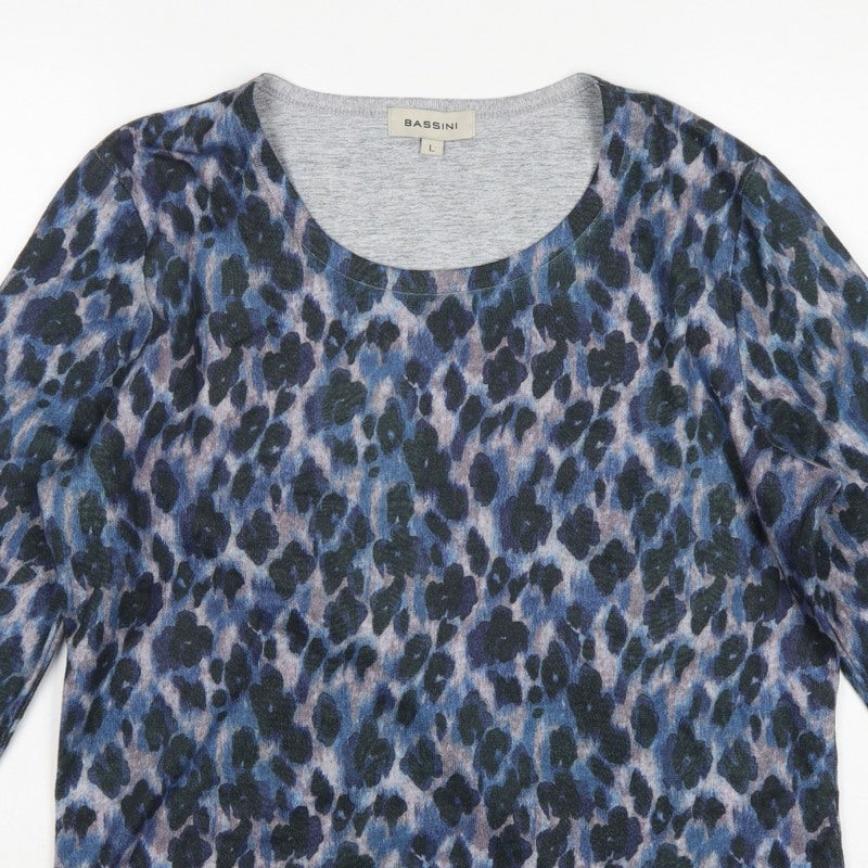 Bassini Women’s Blue Animal Print Long Sleeve Jersey T-Shirt Size L