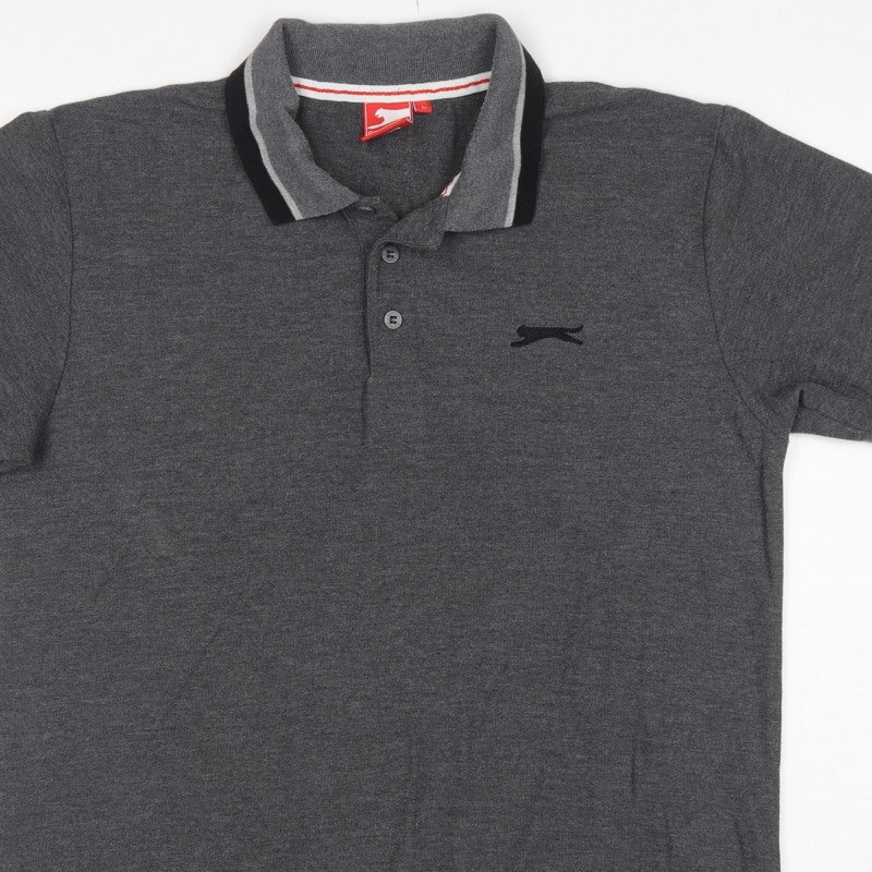 Slazenger Men's Grey L Short Sleeve Cotton Blend Logo Polo Shirt