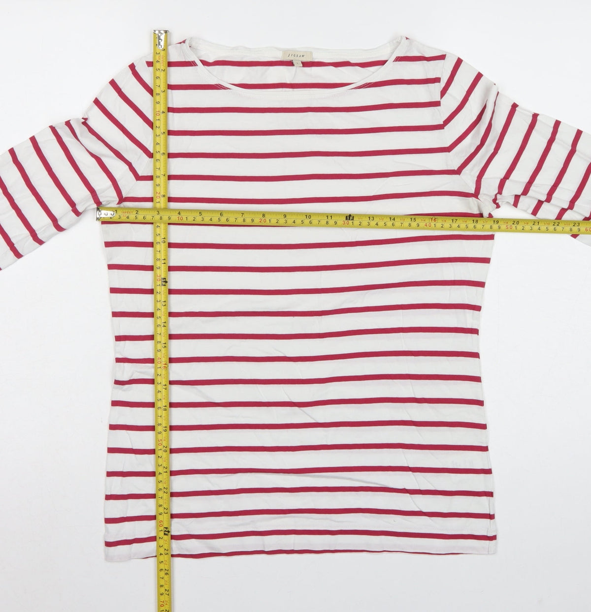 Jigsaw Women White Red Striped Cotton Jersey Long Sleeve Top Size L