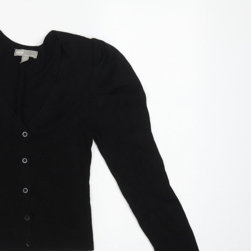 ASOS Women Black UK 4 V-Neck Button Puff Sleeve Knit Cardigan