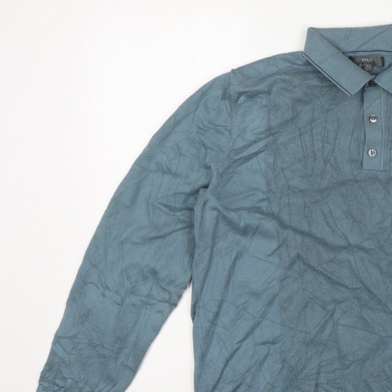 Marks and Spencer Men Blue L Collared Cotton Knit Pullover Jumper