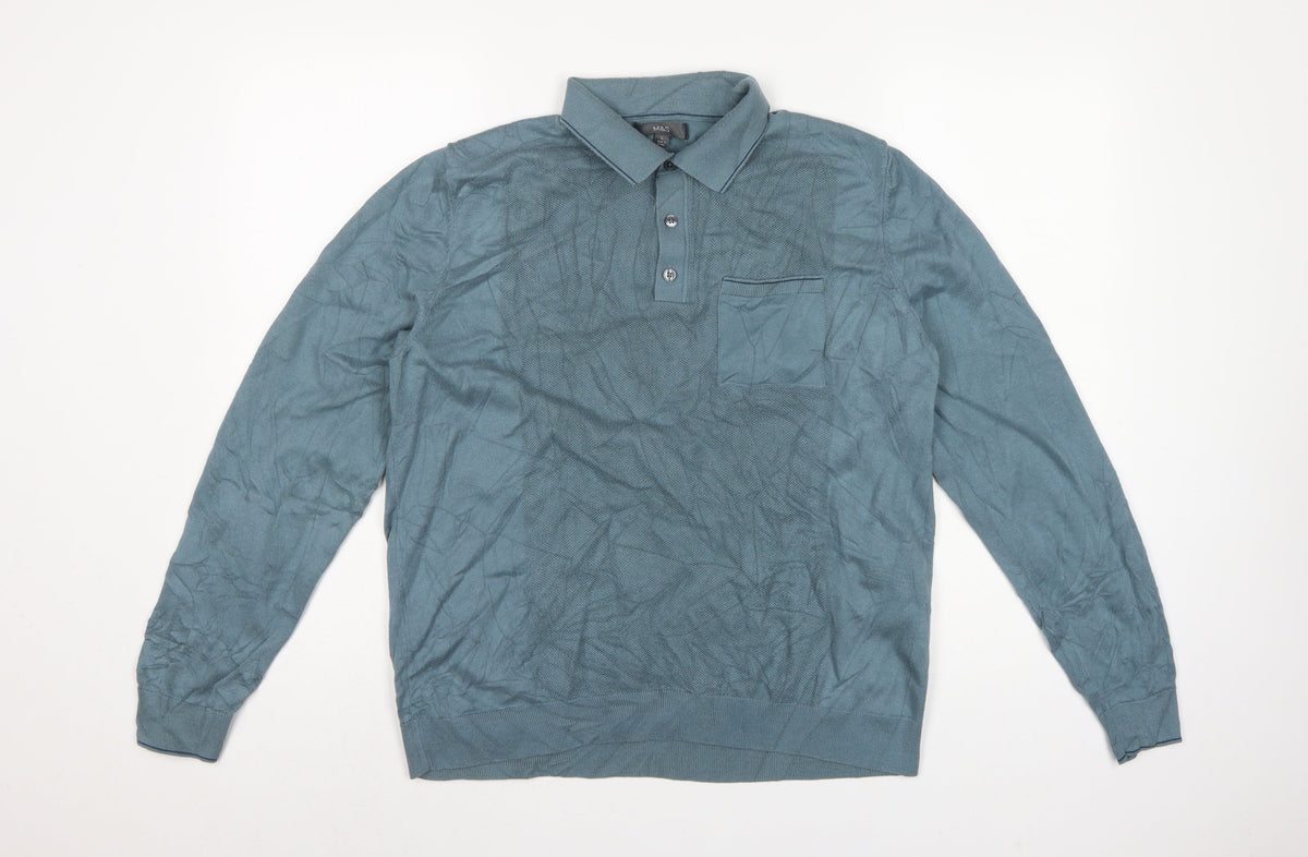 Marks and Spencer Men Blue L Collared Cotton Knit Pullover Jumper