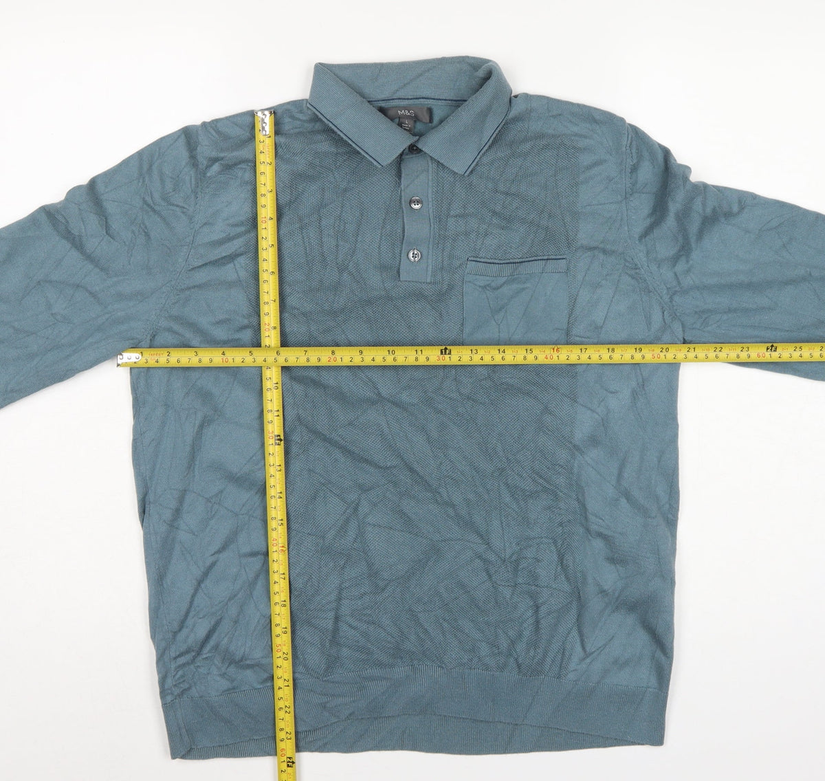 Marks and Spencer Men Blue L Collared Cotton Knit Pullover Jumper