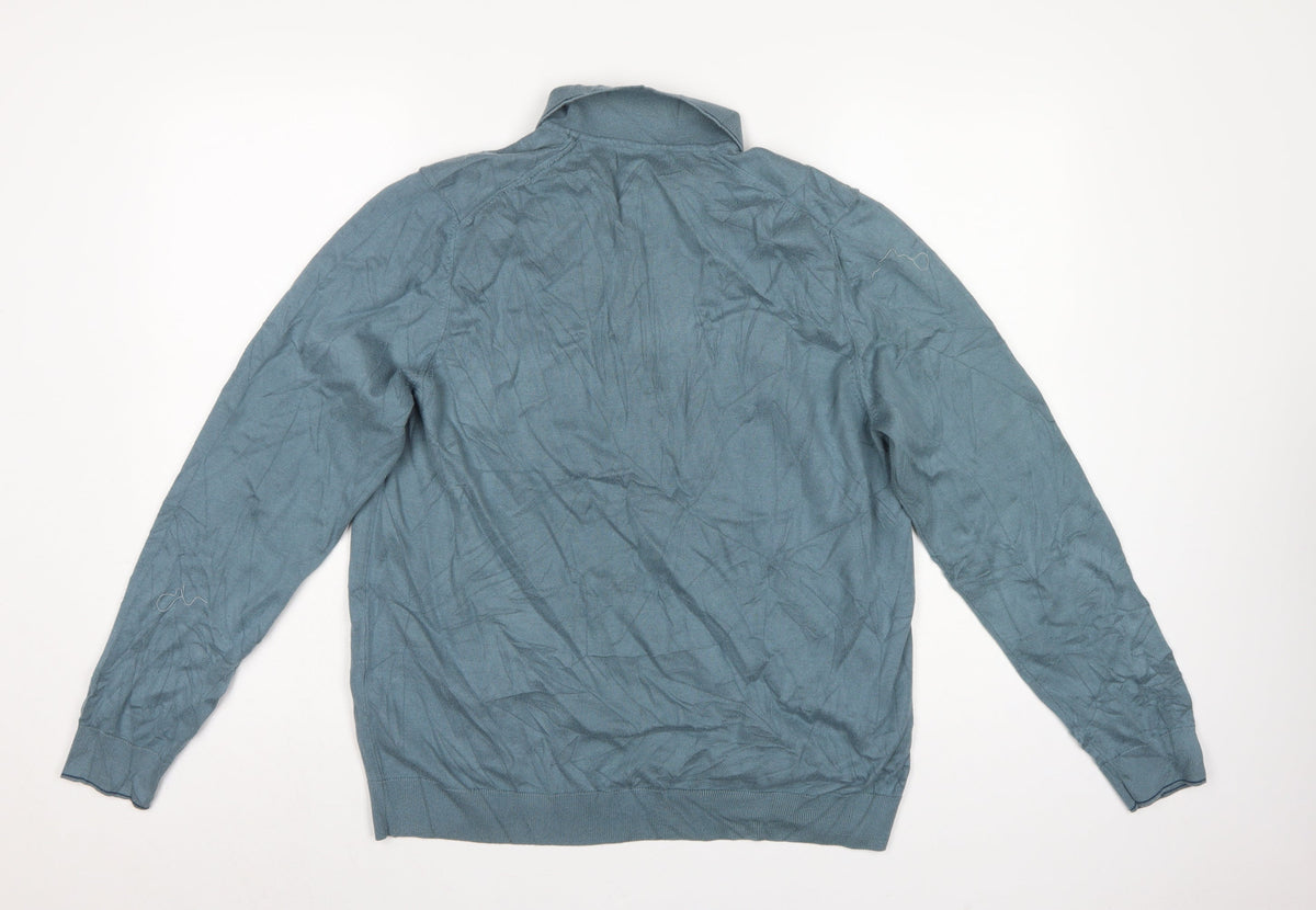 Marks and Spencer Men Blue L Collared Cotton Knit Pullover Jumper