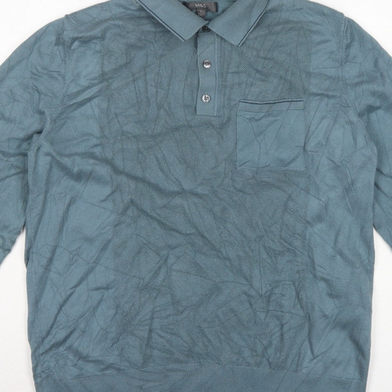 Marks and Spencer Men Blue L Collared Cotton Knit Pullover Jumper