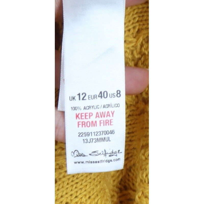Miss Selfridge Women Yellow UK 12 Cable-Knit Round Neck Peplum Jumper